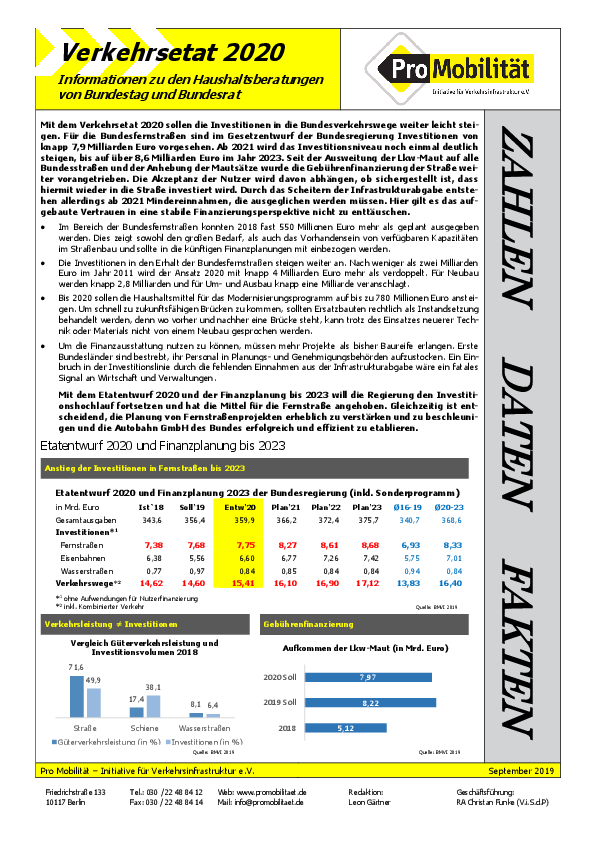 Zahlen, Daten, Fakten zum Verkehrsetat 2020